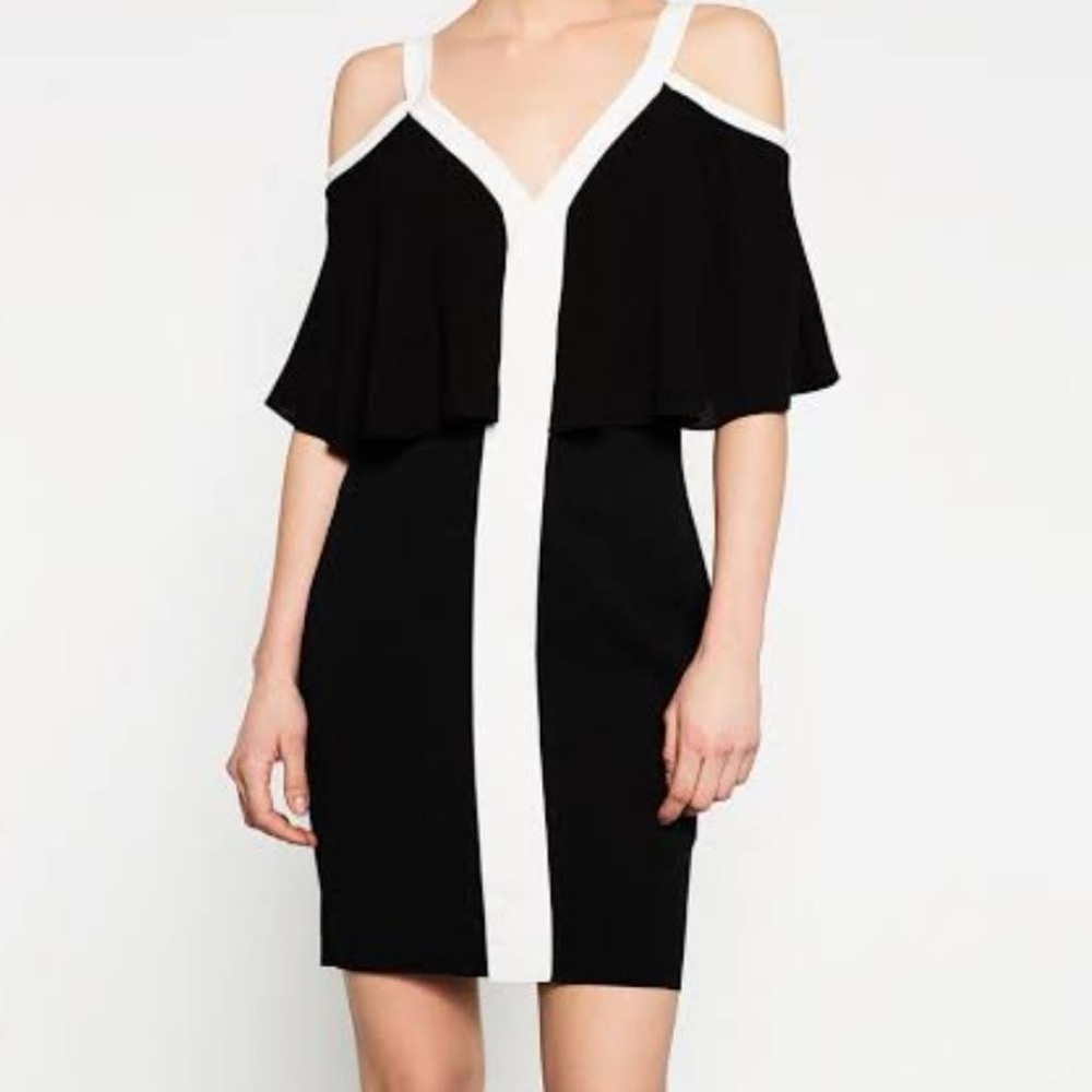 Zara Black and White Cold Shoulder Dress